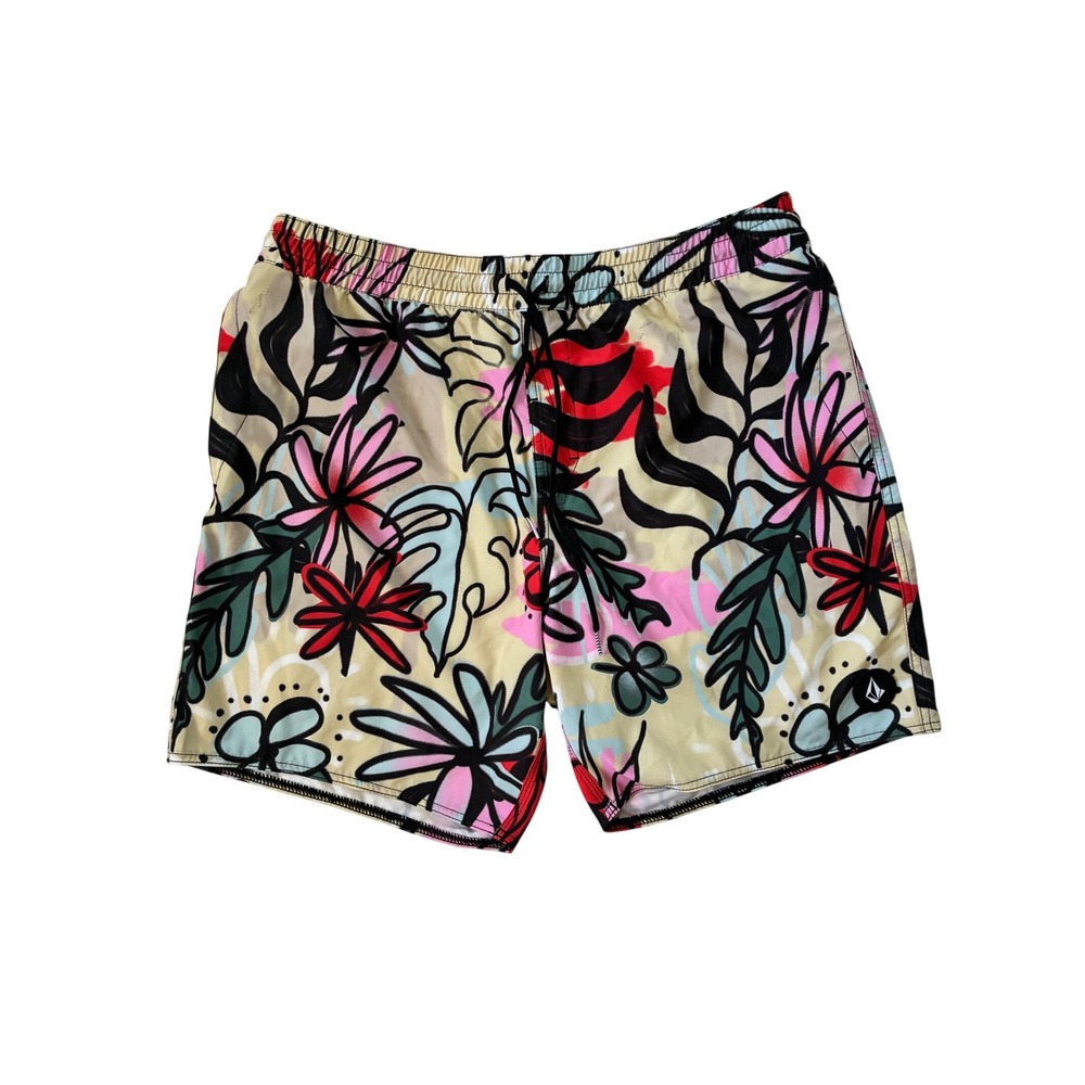 Volcom Tropical Floral Board Shorts Womens XL Tan Pink Artistic Swim Trunks